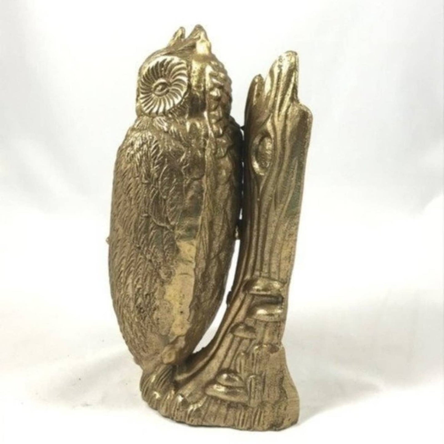 Rare Vintage Brass Owl Big Perched Owl & Tree Gold Office Shelf Cast Figurine