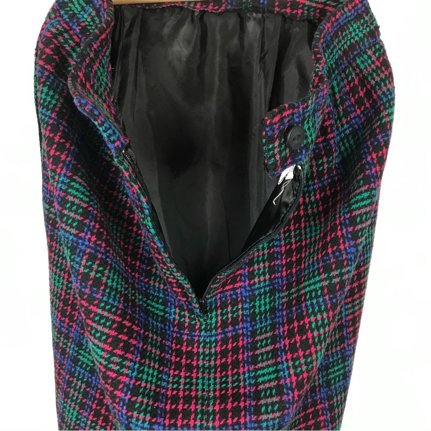Vintage Joan Leslie Tweed Skirt Wool Blend Pink Green Blue Plaid Retro Skirt Size 6P
