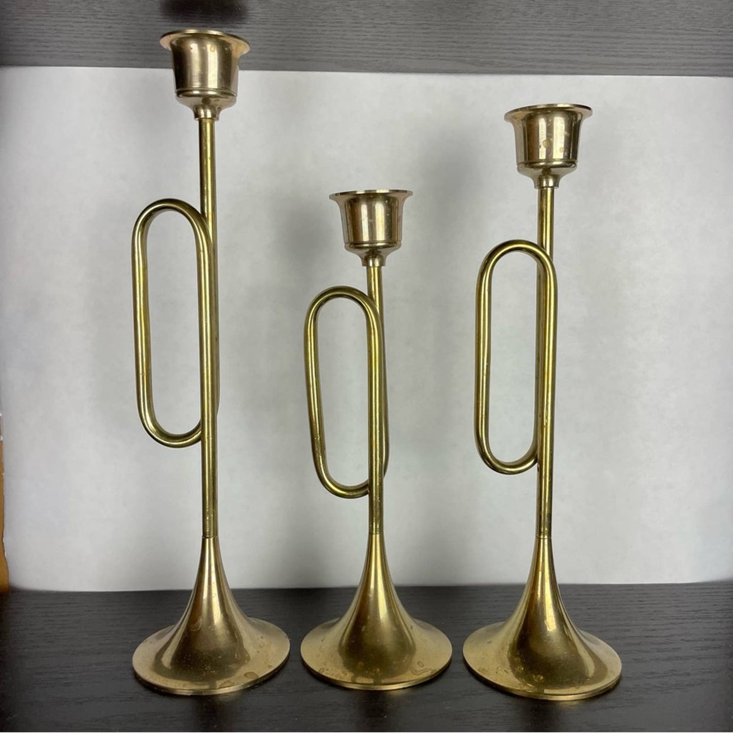 Vintage Brass Trumpet Horn Candle Holders Trio Christmas Holiday Winter Decor
