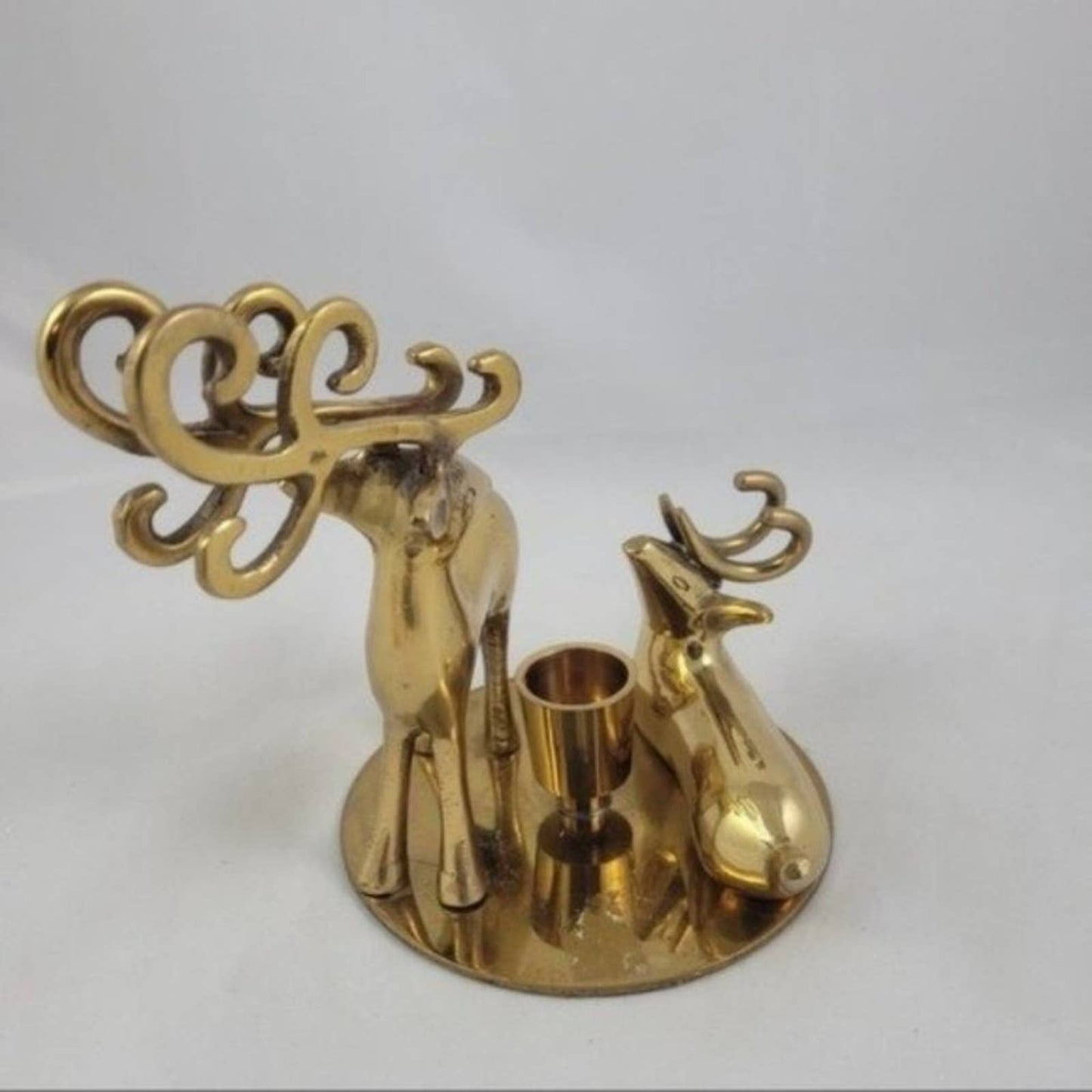 Vintage Brass Reindeer Pair Buck Doe Holiday Christmas Festive Candle Holder