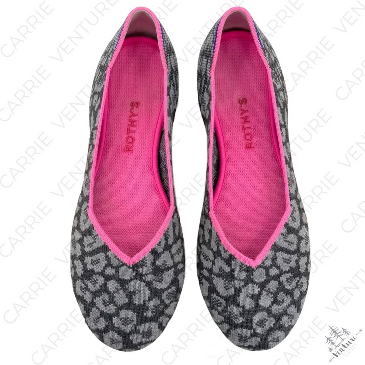 Rothy’s Merino Wool Haze Spot Grey Leopard Print Hot Pink Trim Round Toe Flats Size 9