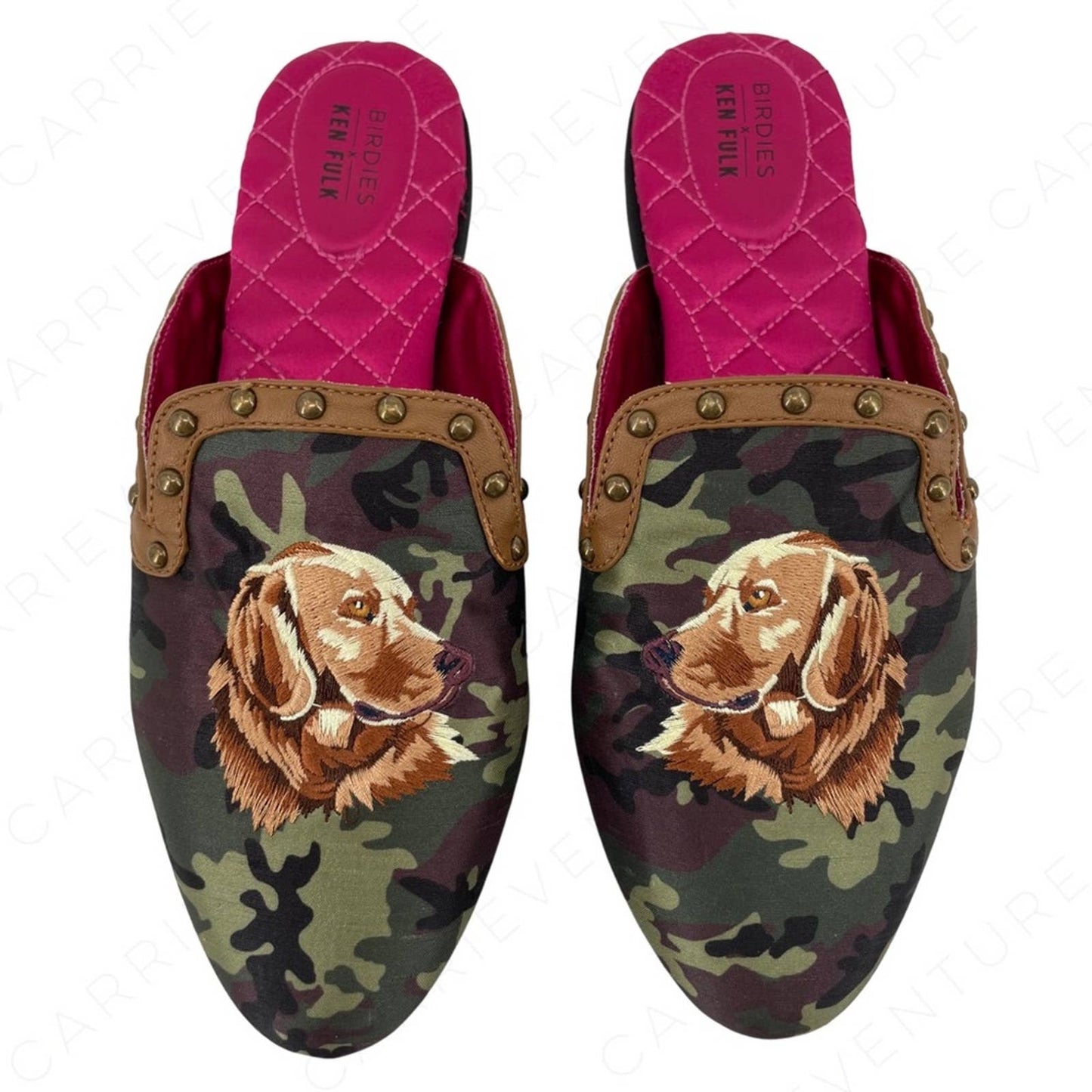 Birdies Ken Fulk Phoebe Slipper Mules Retriever Dogs Pink Green Camo Animalia Size 9