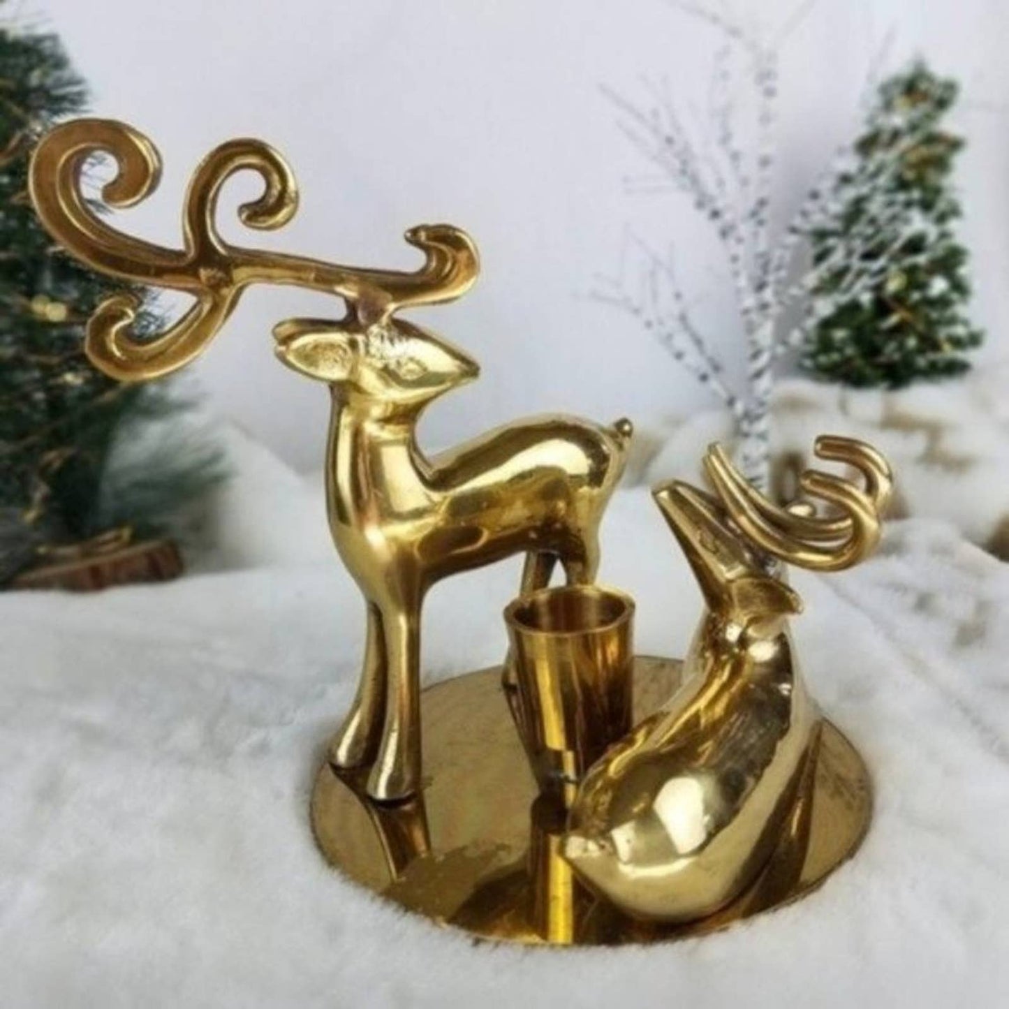 Vintage Brass Reindeer Pair Buck Doe Holiday Christmas Festive Candle Holder