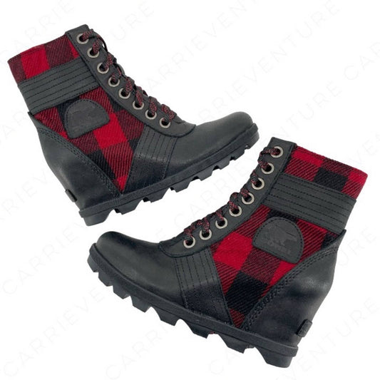 Sorel Lexie Wedge Ankle Bootie Red Black Buffalo Plaid Check Leather Trim Size 6