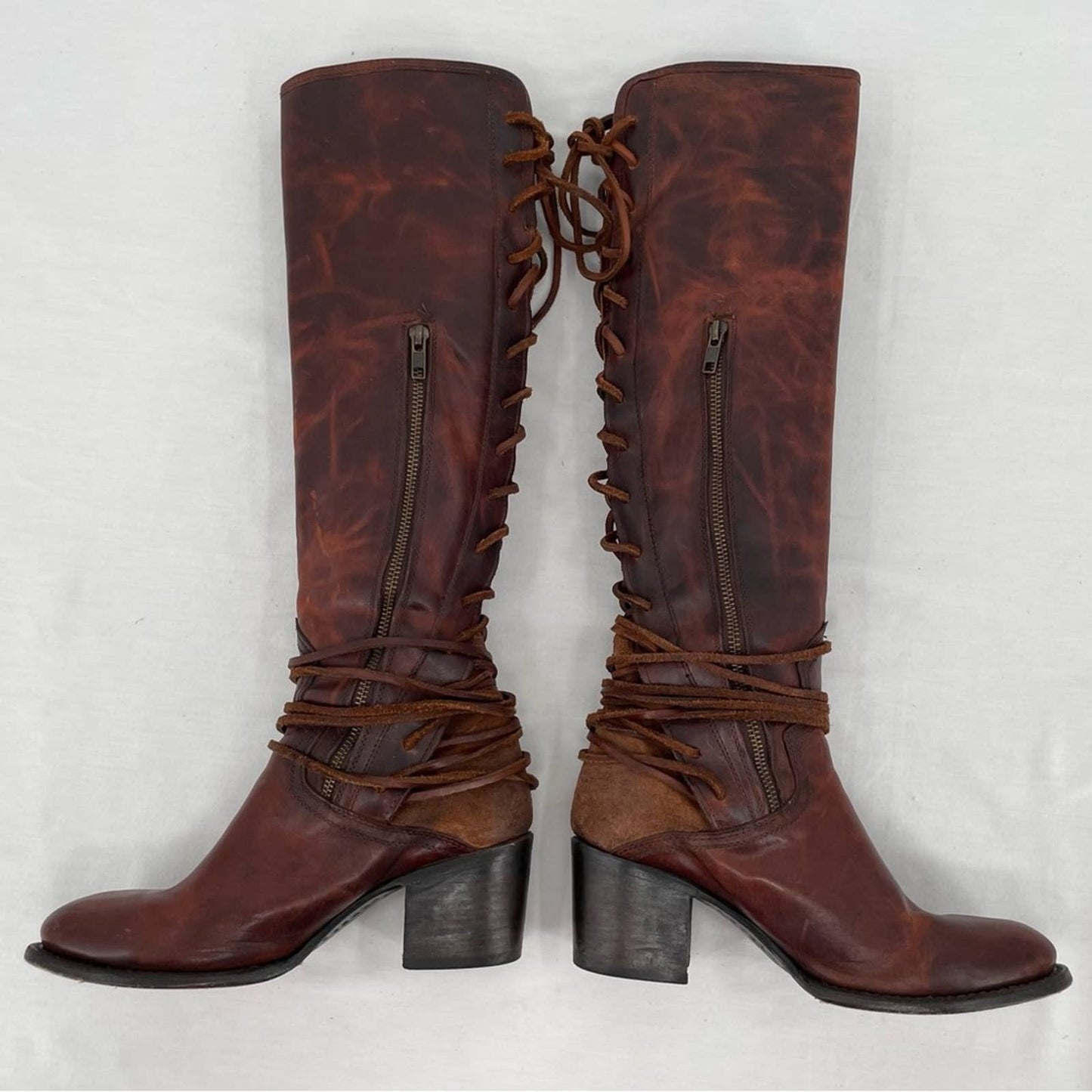 Freebird by Steven Coal Cognac Brown Red Lace Back Tall Heeled Leather Boots Size 9