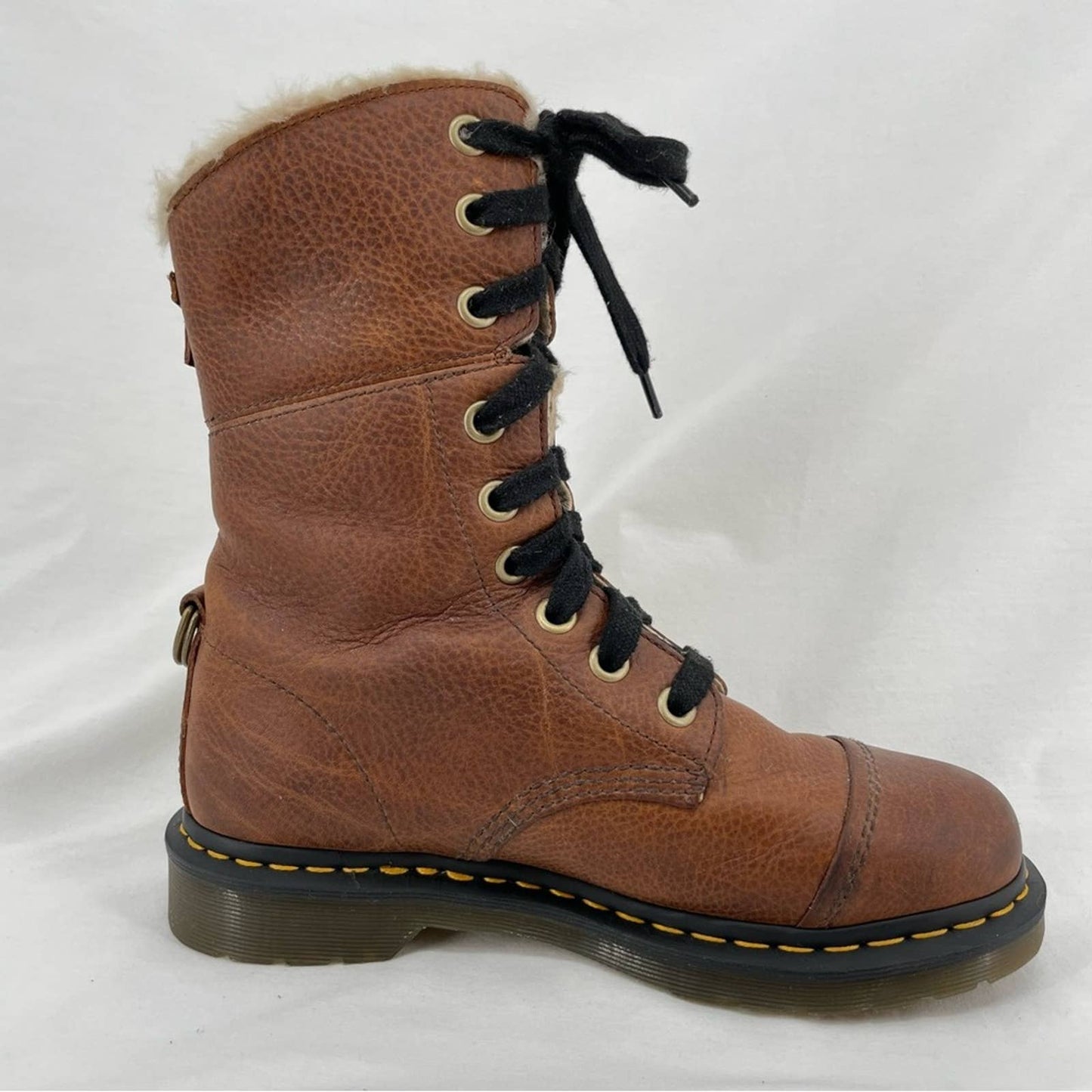 Dr. Martens Aimilita Fur Lined Tab Grizzly Leather Lace Up Winter Biker Boots Size 9