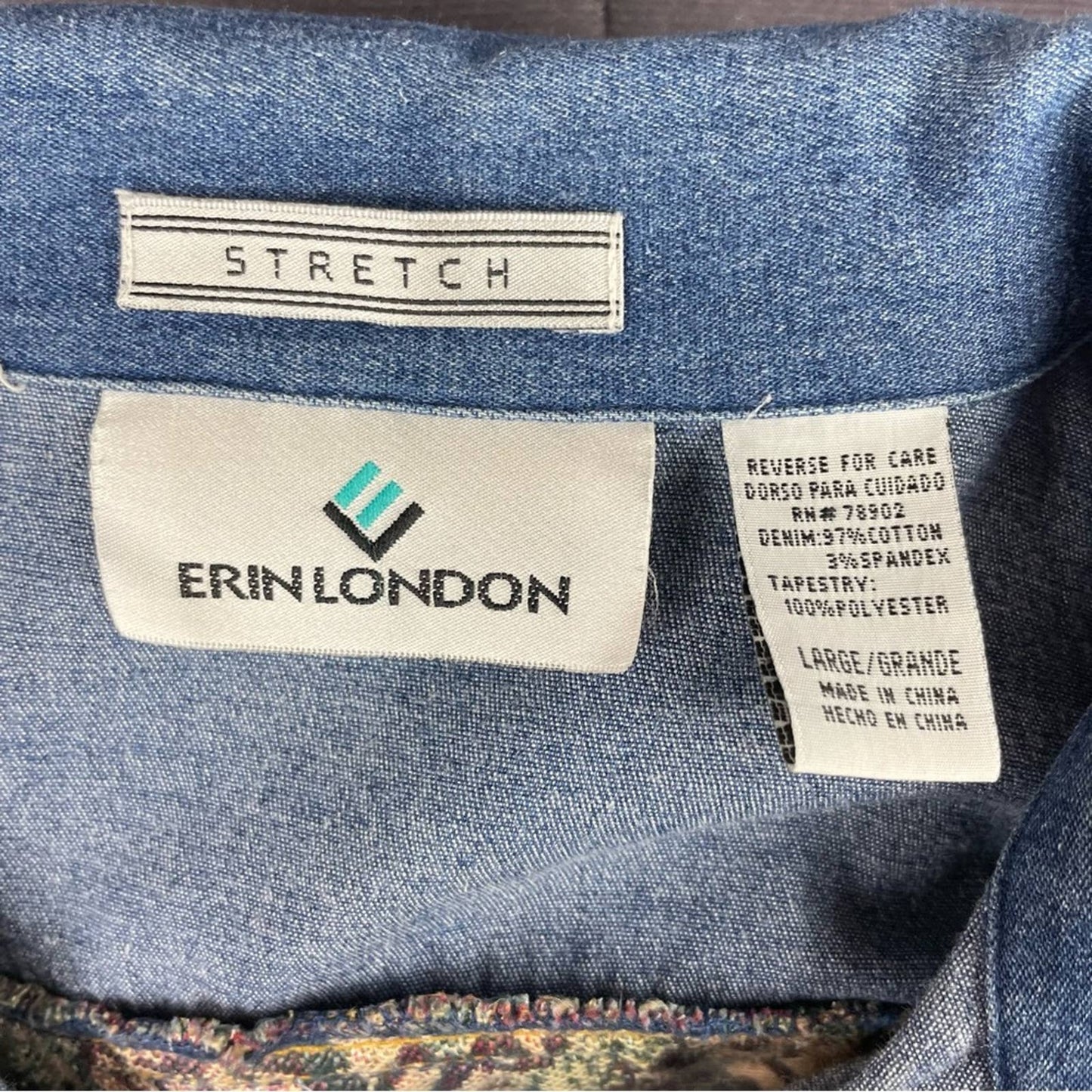 Vintage Erin London Tapestry Garden Floral Chambray Denim Button Shacket Jacket Size L