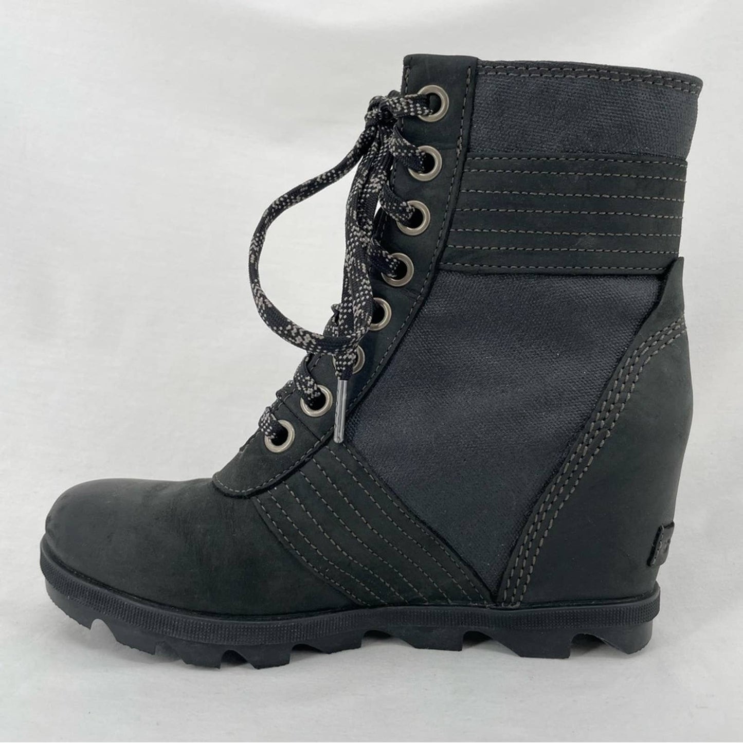 Sorel Womens Lexie Wedge Boot Black Leather Waterproof Canvas Winter Booties Size 8.5