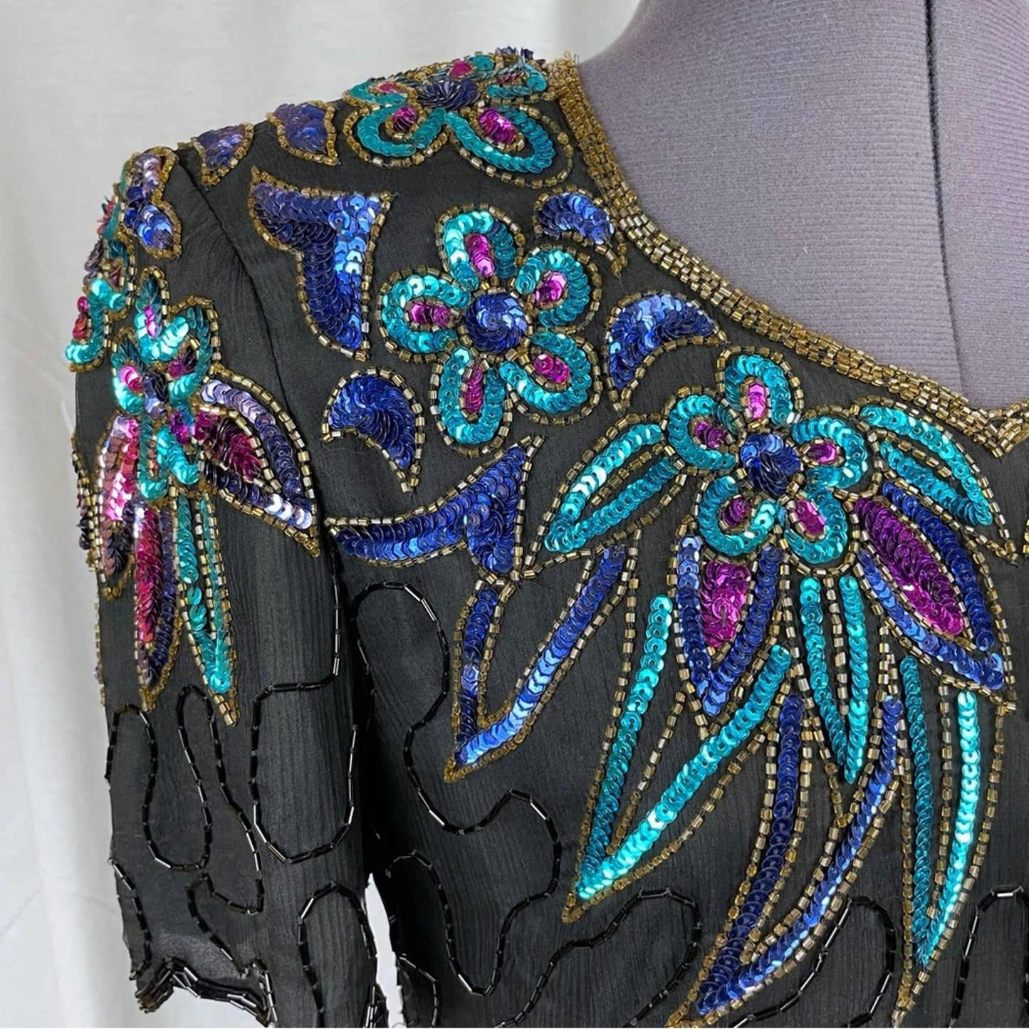Vintage Black Silk Beaded Sequin Dress Peacock Mardi Gras Gown Blue Aqua Purple Size S