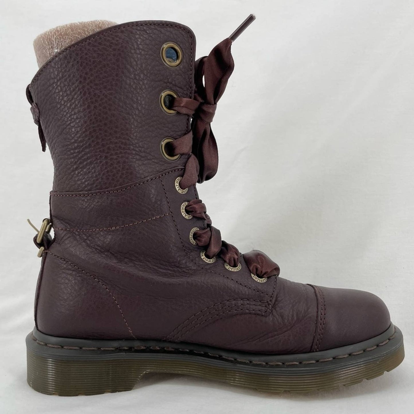 Dr. Martens Aimilie Elk Oxblood Brown Leather Fold Over Union Jack Biker Boots Size 7