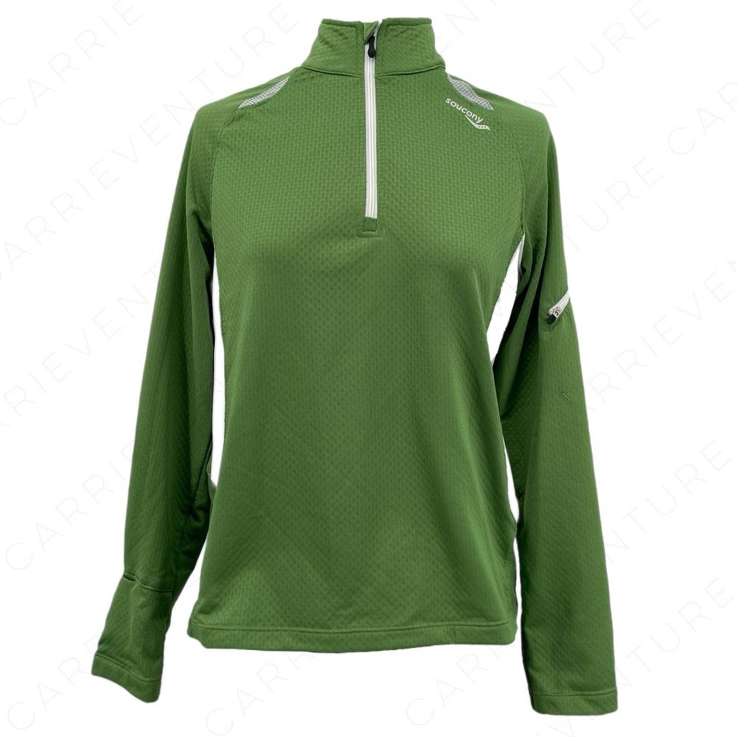 Saucony Green White Silver Wicking Long Sleeve Pullover Running Tee Reflective Size S
