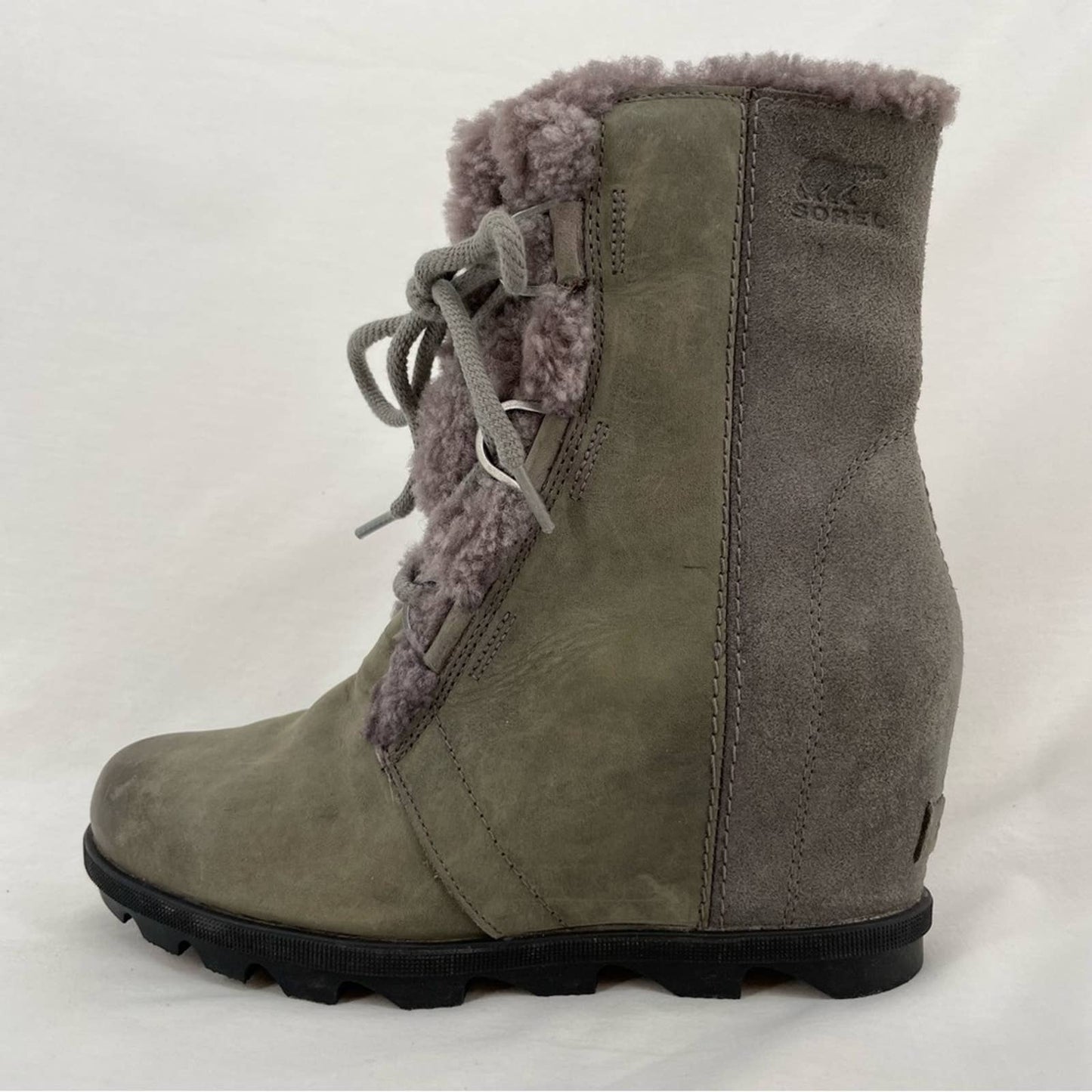 Sorel Joan of Arctic Wedge II Shearling Leather Boots Quarry Grey Greige Size 9.5