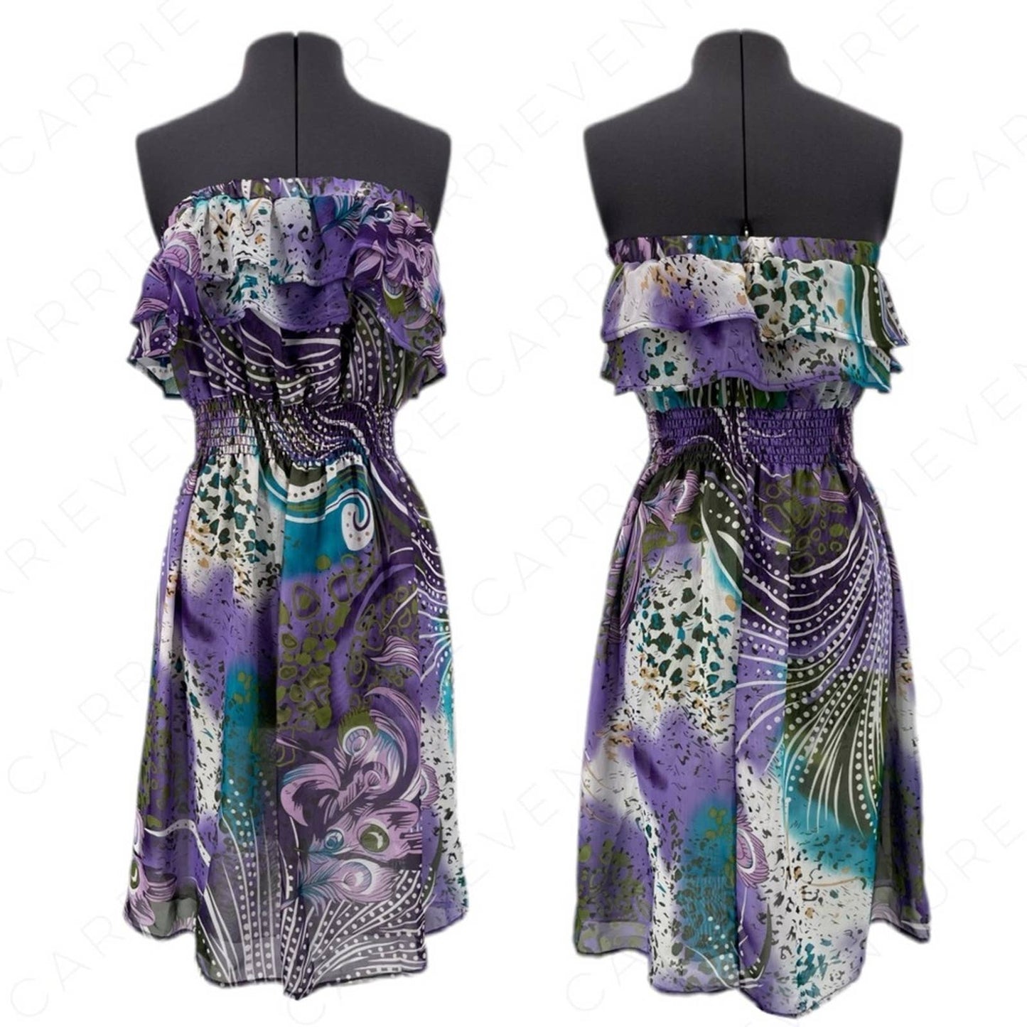 Ariella Purple Floral Printed Chiffon Dress Strapless Elasticized Stretchy Lined Size S