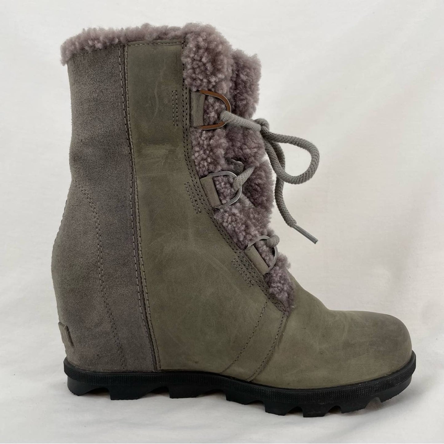 Sorel Joan of Arctic Wedge II Shearling Leather Boots Quarry Grey Greige Size 9.5