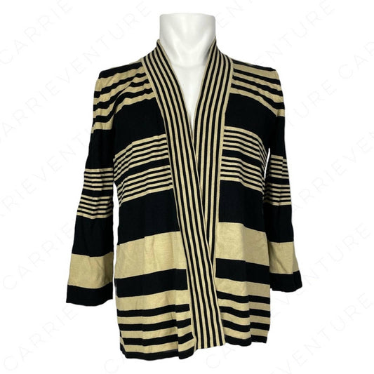 Cable & Gauge Sweater Black & Camel Tan Striped Silk Blend Open Front Cardigan Size M