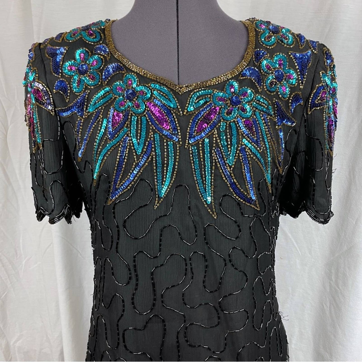 Vintage Black Silk Beaded Sequin Dress Peacock Mardi Gras Gown Blue Aqua Purple Size S