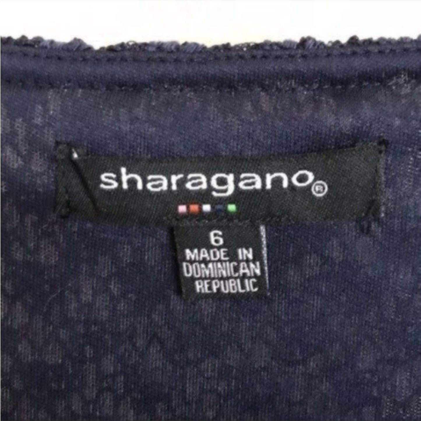 Sharagano Dress Deep Navy Blue Lace Overlay Sequin Shimmer Chevron Pattern Size 6