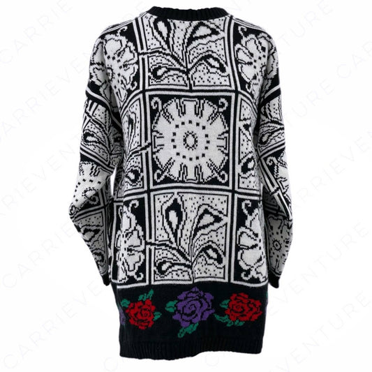 Vintage Carriage Court Black & White Retro Floral Panel Oversized Boxy Sweater Size L
