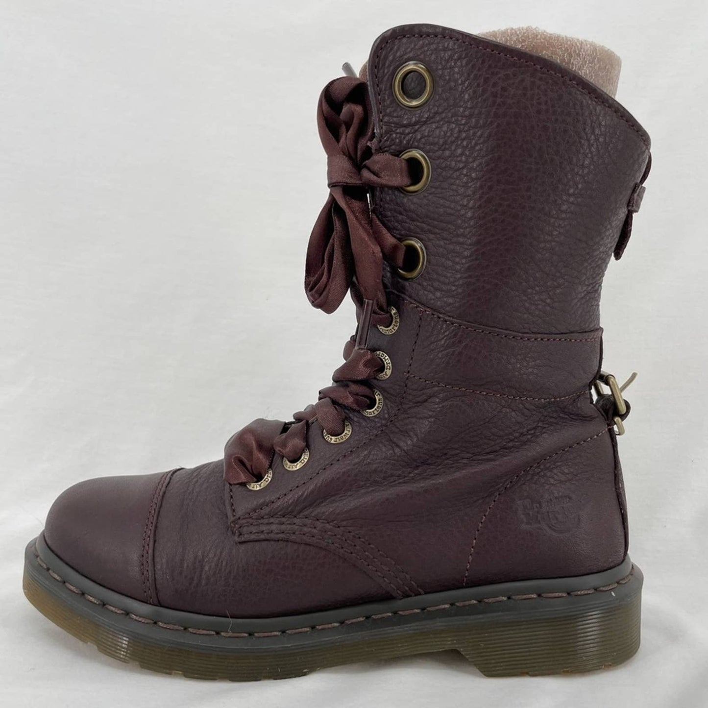 Dr. Martens Aimilie Elk Oxblood Brown Leather Fold Over Union Jack Biker Boots Size 7