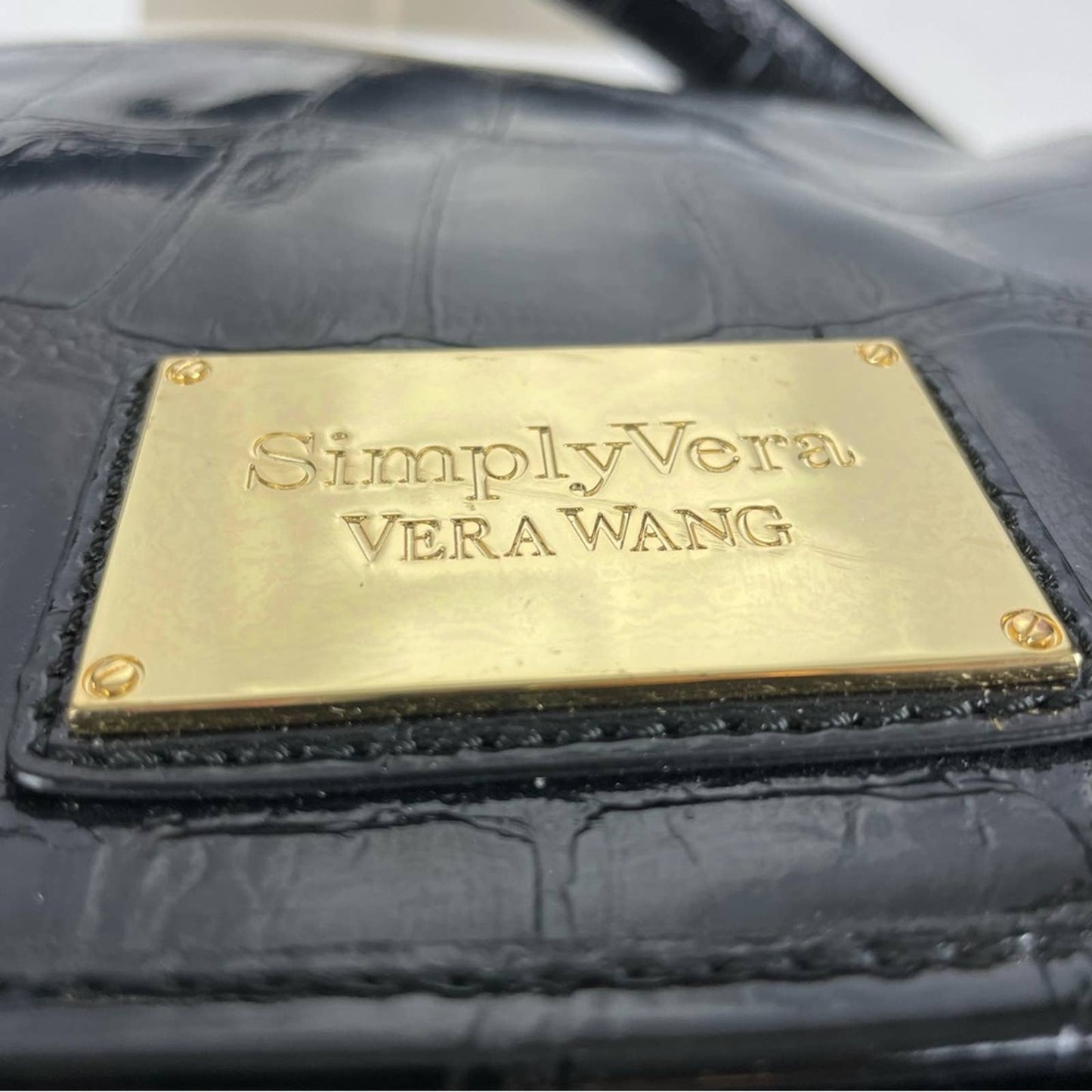 Simply Vera Wang Black Crocodile Texture Faux Leather Foldover Handbag Purse