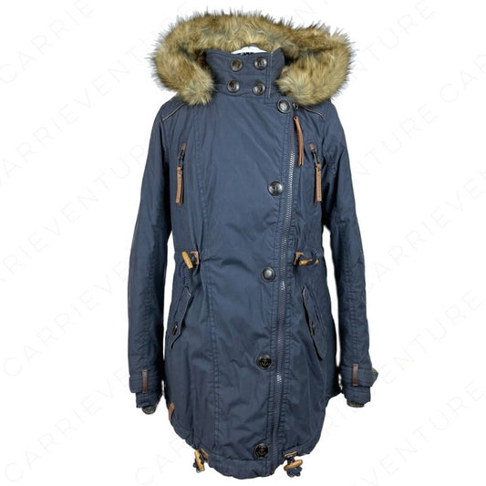 Naketano Navy Parka Dark Blue Long Plush Lined Heavy Faux Fur Hood Winter Coat Size S