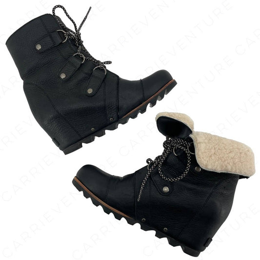 Sorel Black Joan of Arctic Wedge Real Shearling Trim Leather Mid Style Boots Size 9.5