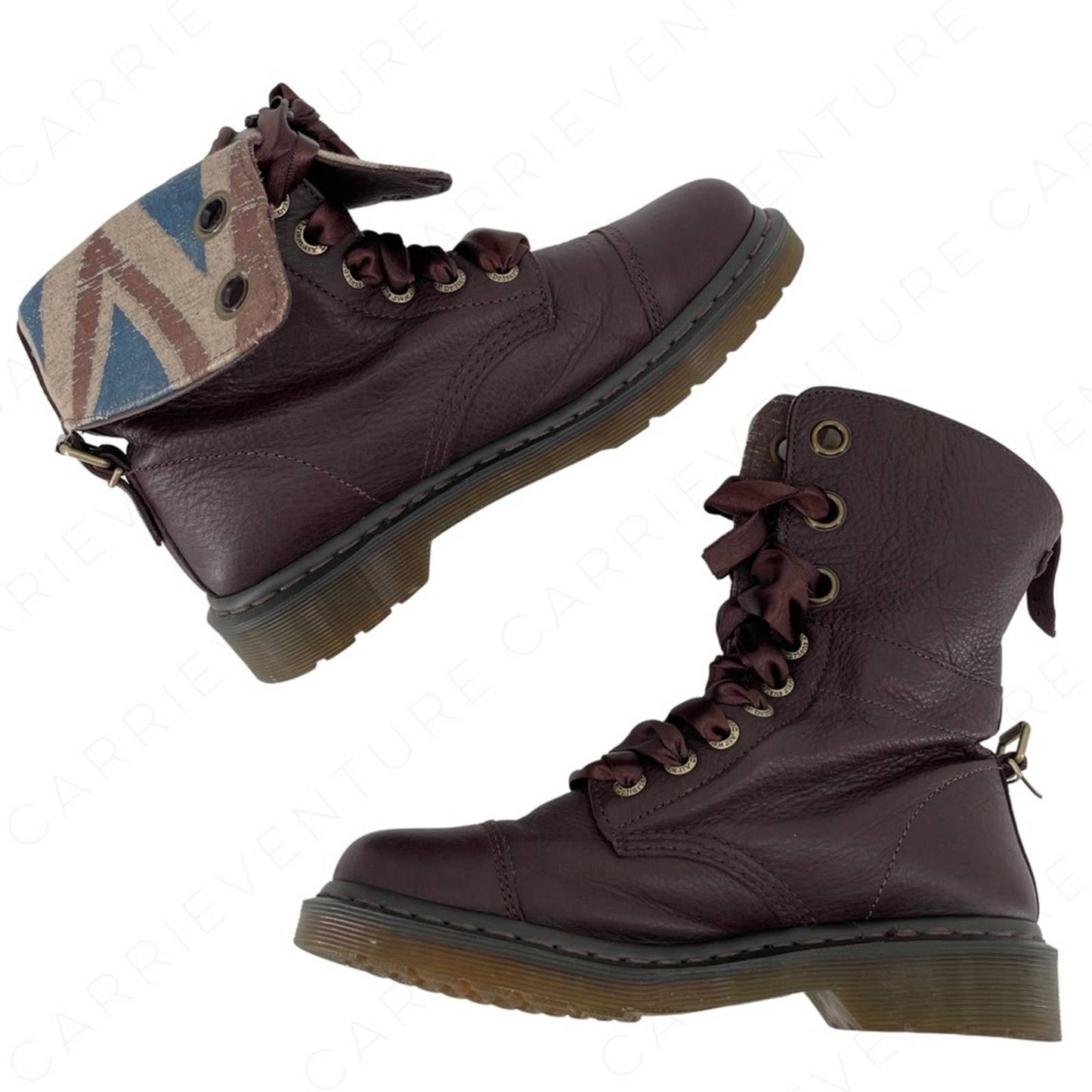 Dr. Martens Aimilie Elk Oxblood Brown Leather Fold Over Union Jack Biker Boots Size 7