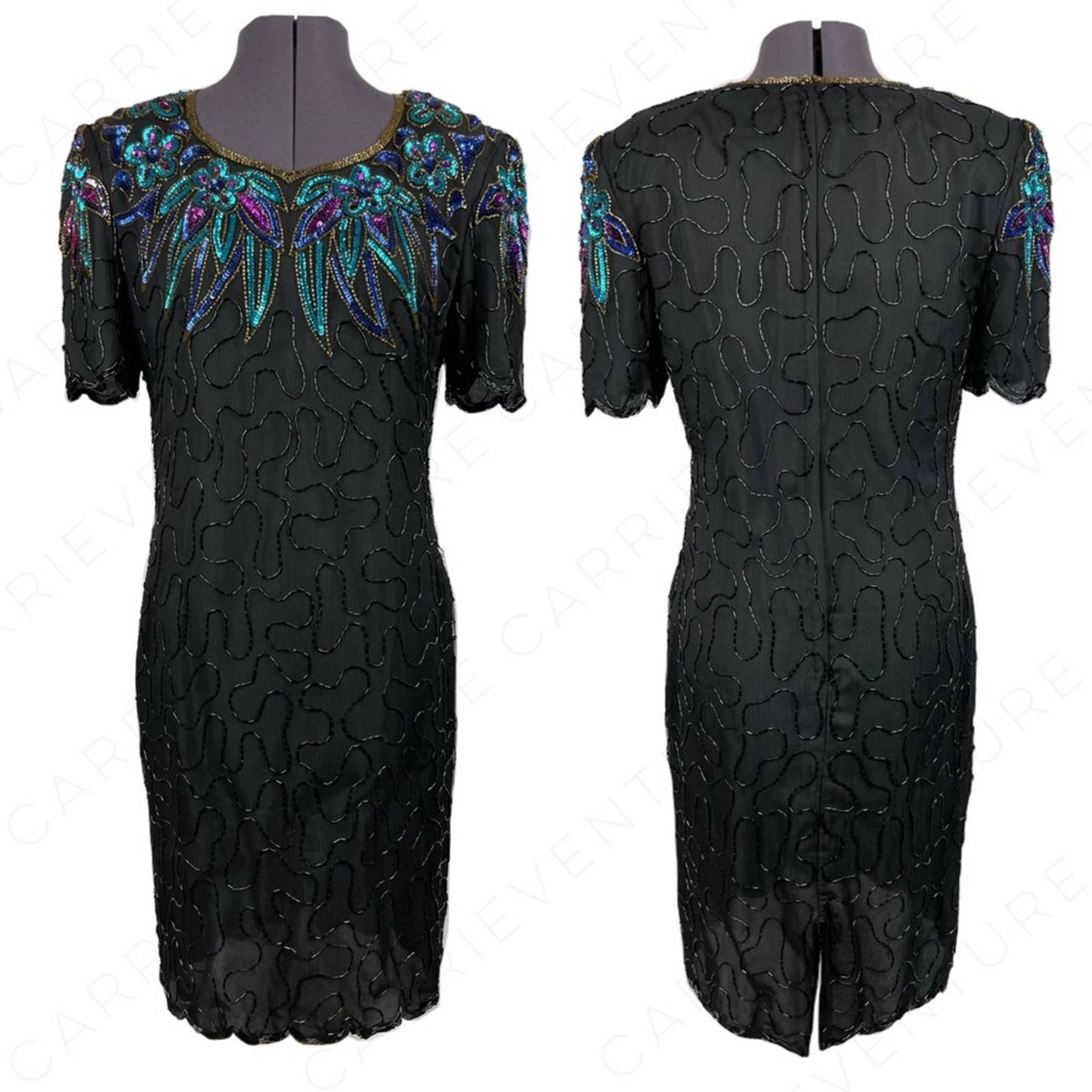 Vintage Black Silk Beaded Sequin Dress Peacock Mardi Gras Gown Blue Aqua Purple Size S