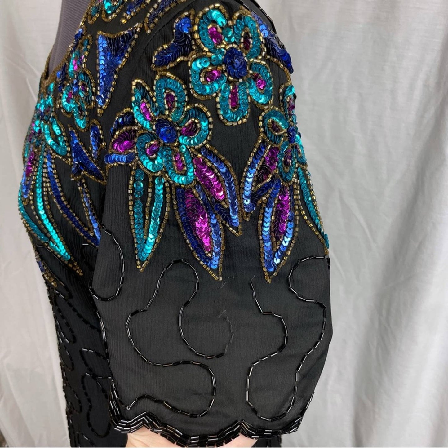 Vintage Black Silk Beaded Sequin Dress Peacock Mardi Gras Gown Blue Aqua Purple Size S