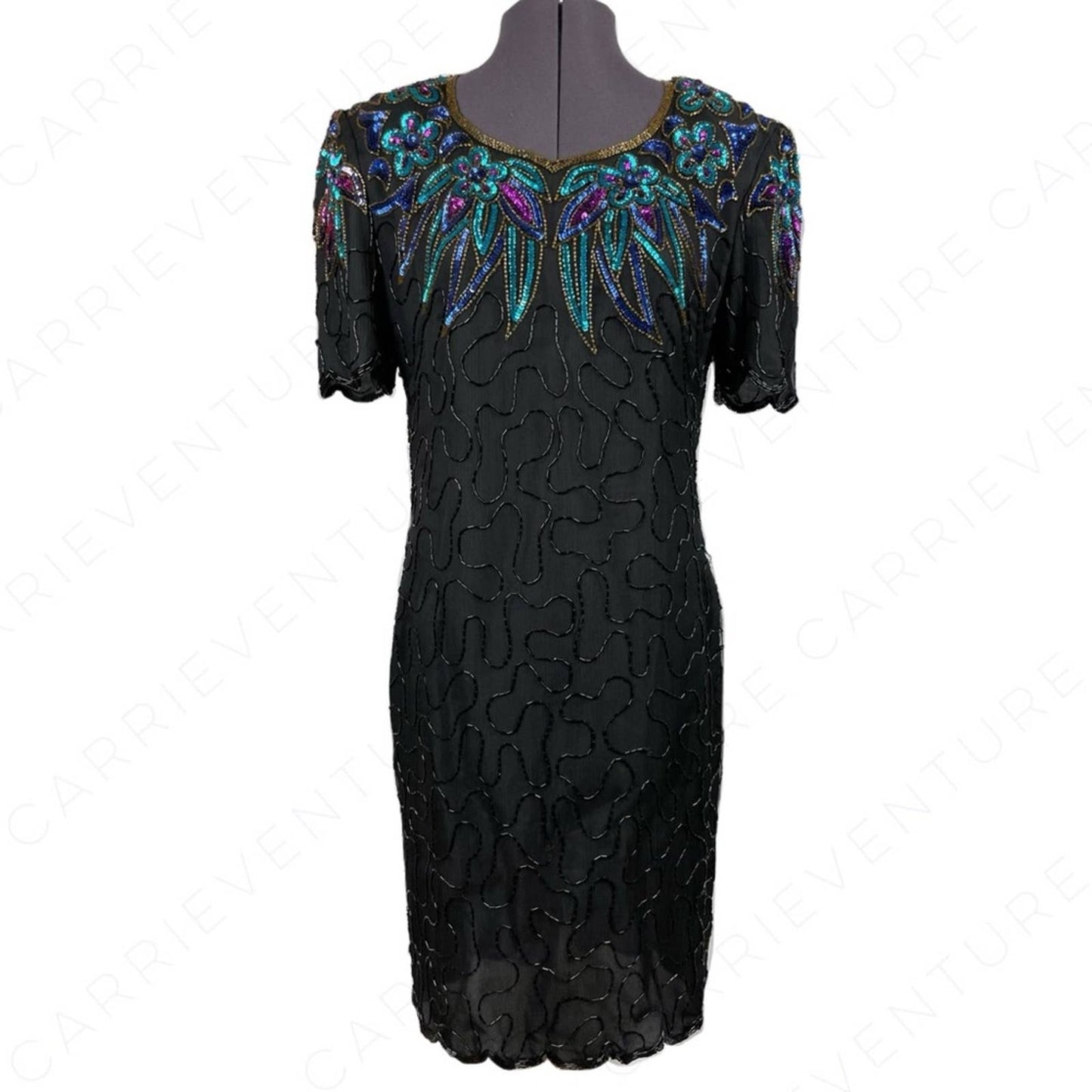 Vintage Black Silk Beaded Sequin Dress Peacock Mardi Gras Gown Blue Aqua Purple Size S