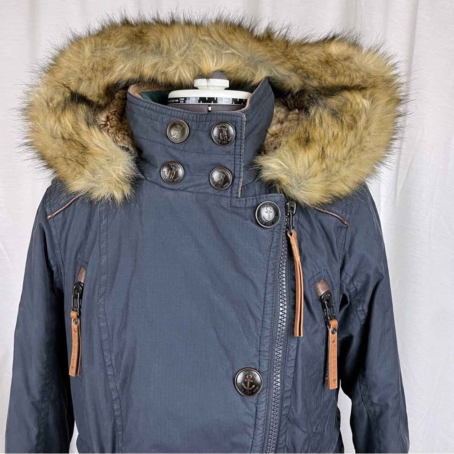 Naketano Navy Parka Dark Blue Long Plush Lined Heavy Faux Fur Hood Winter Coat Size S
