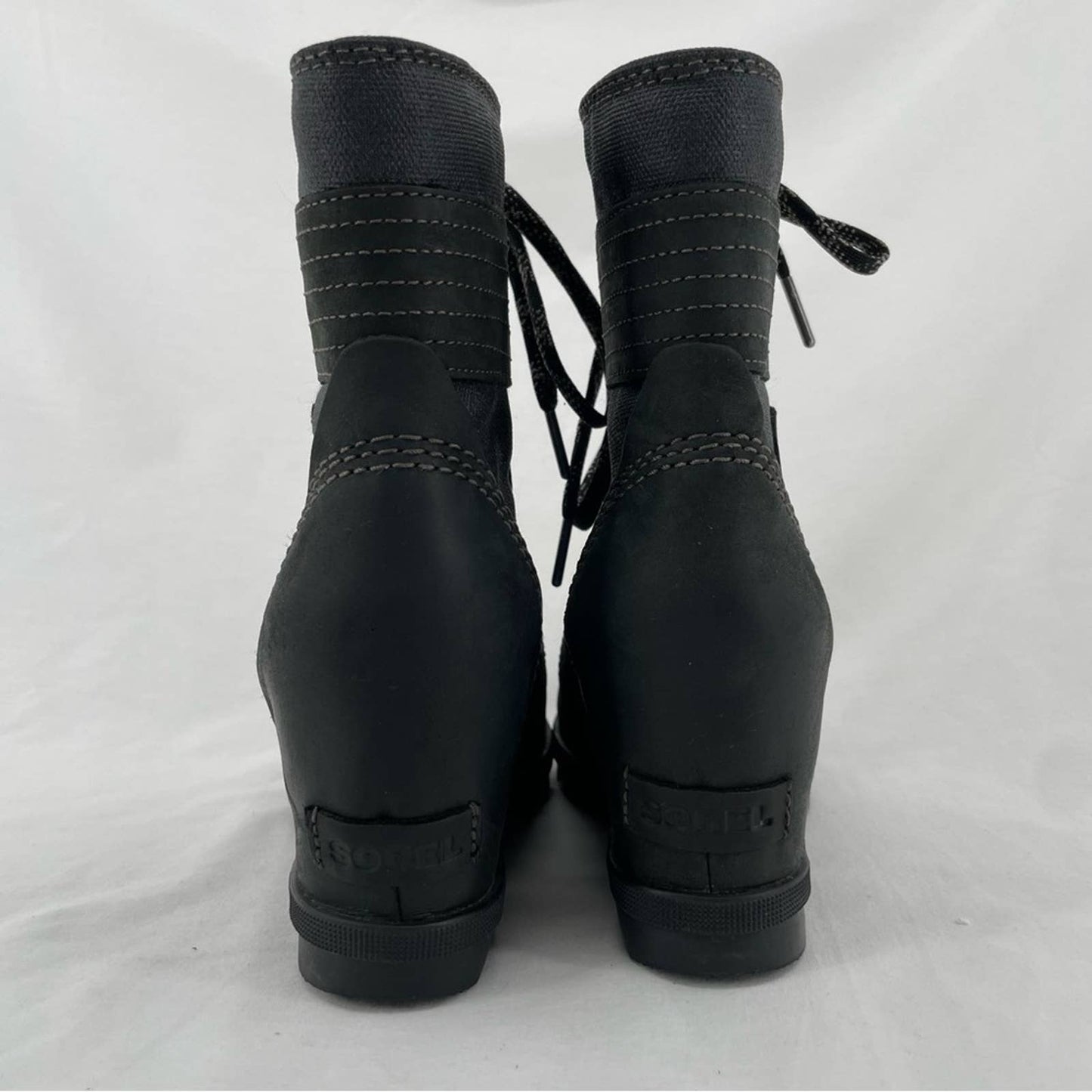 Sorel Womens Lexie Wedge Boot Black Leather Waterproof Canvas Winter Booties Size 8.5
