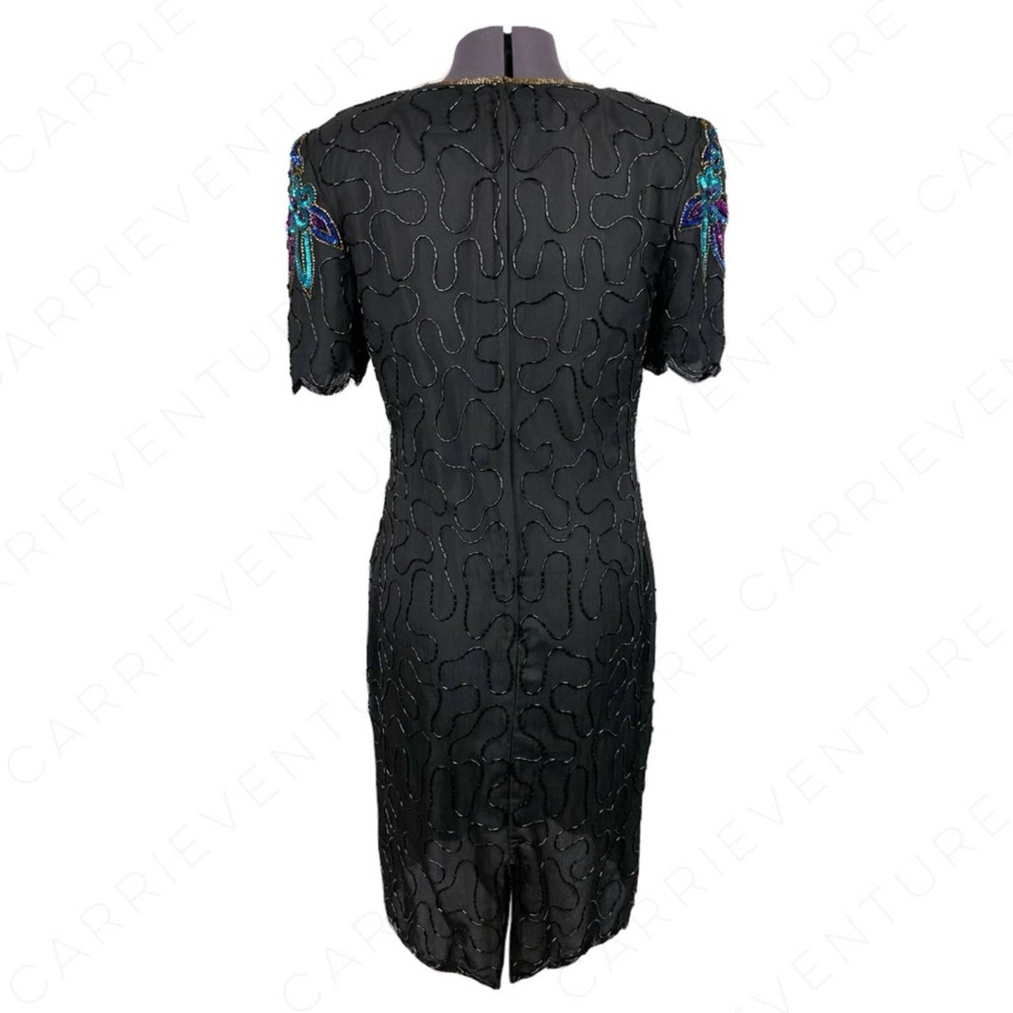 Vintage Black Silk Beaded Sequin Dress Peacock Mardi Gras Gown Blue Aqua Purple Size S