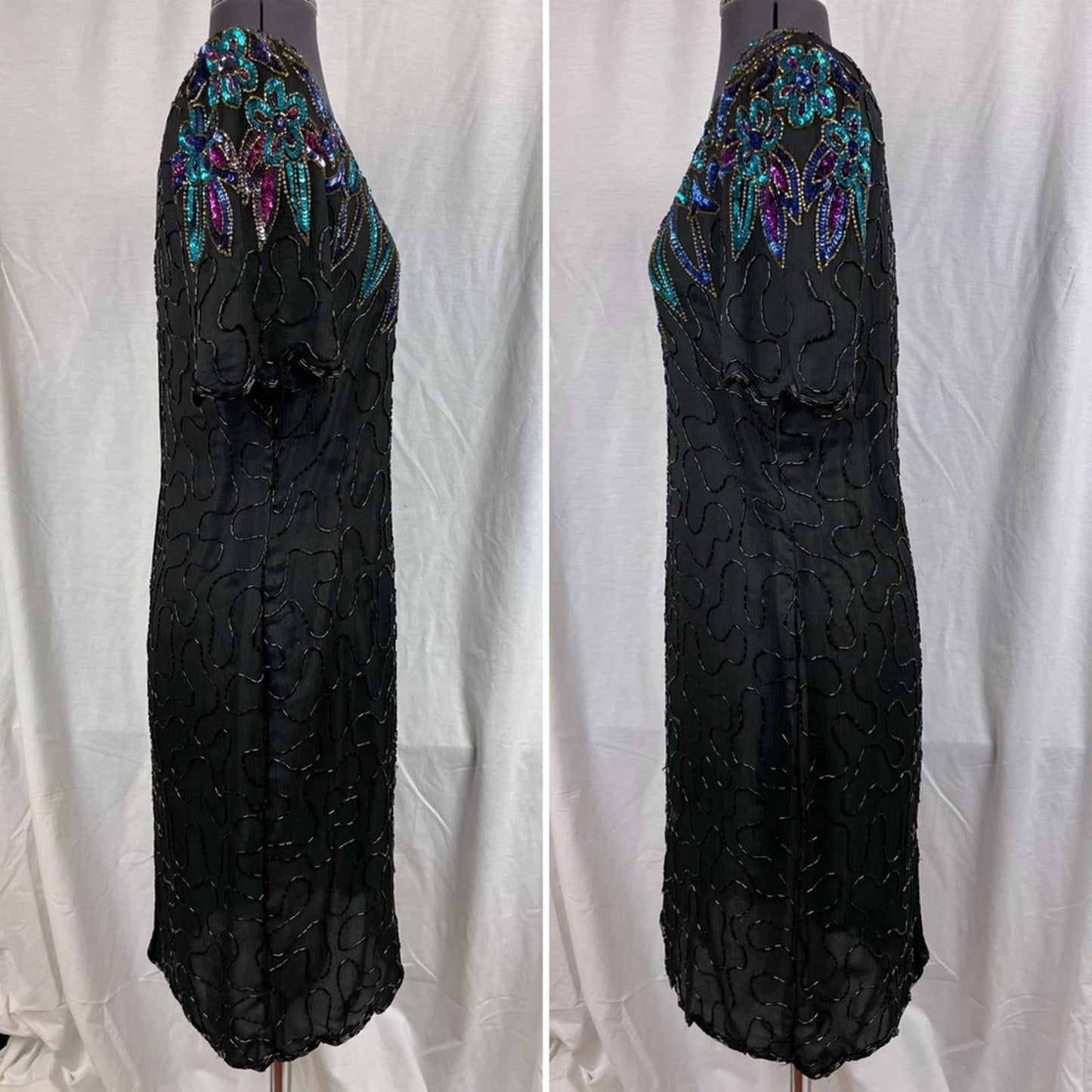 Vintage Black Silk Beaded Sequin Dress Peacock Mardi Gras Gown Blue Aqua Purple Size S