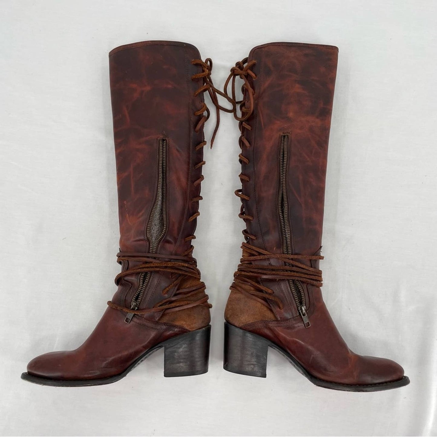 Freebird by Steven Coal Cognac Brown Red Lace Back Tall Heeled Leather Boots Size 9