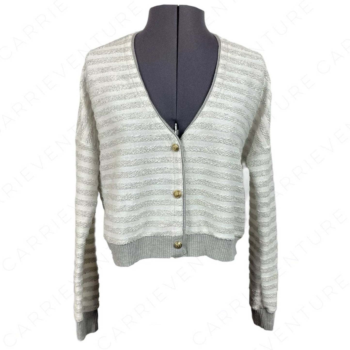 Maison Jules Sweater Gray Striped Cropped Knit Cardigan Coastal Academia Preppy Size S
