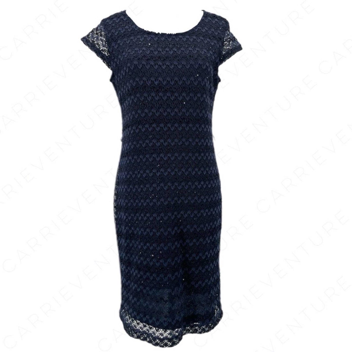 Sharagano Dress Deep Navy Blue Lace Overlay Sequin Shimmer Chevron Pattern Size 6