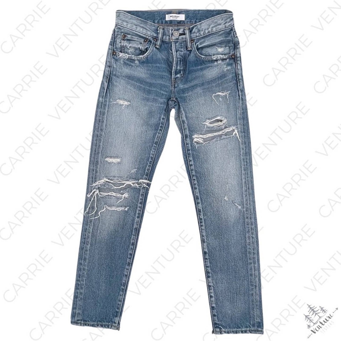 Moussy Vintage Bowie Tapered Straight Leg Light Wash Distressed Blue Jeans Style 025DSC11-1010 Size 24
