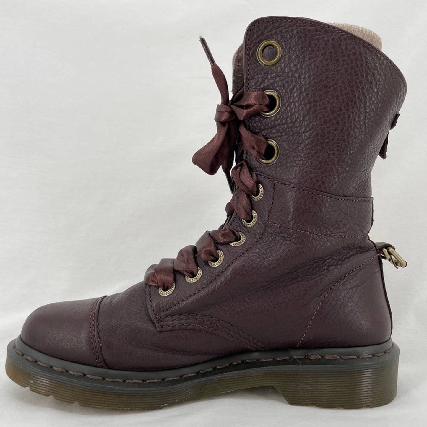 Dr. Martens Aimilie Elk Oxblood Brown Leather Fold Over Union Jack Biker Boots Size 7